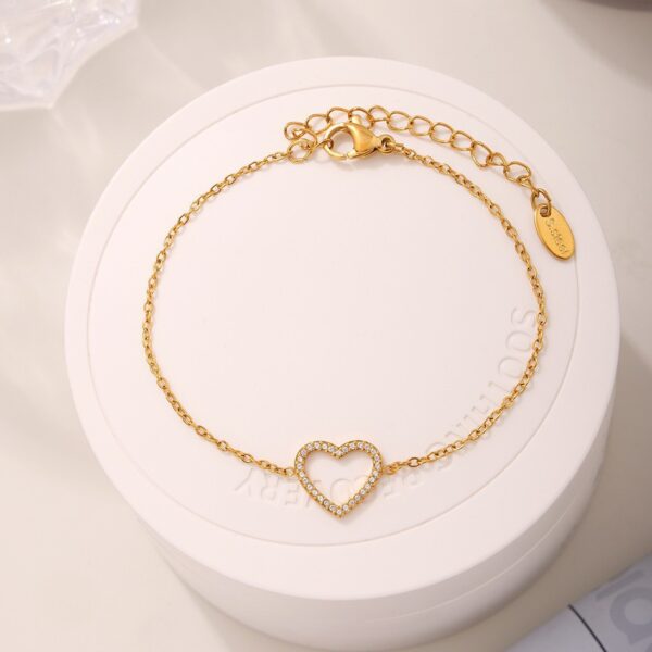 Stainless Steel Fully Jeweled Loving Heart Zircon Non-fading Texture Bracelet For Women - Image 6
